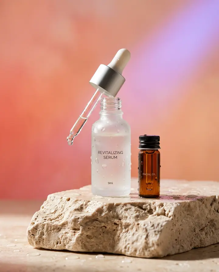 Sérum y aceite facial sobre piedra con fondo coral